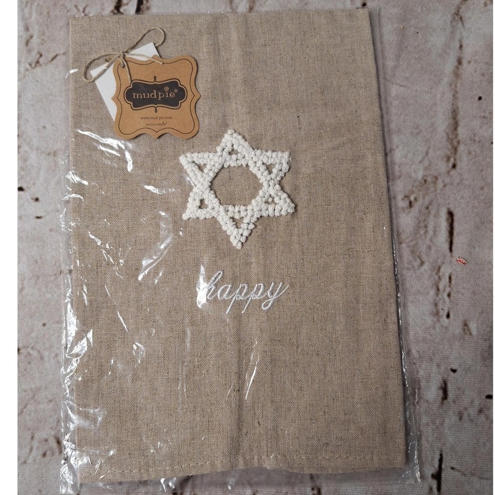 Mud Pie Hebrew‎ Star of David Happy Linen Hand Towel Tan Hanukkah Jewish Decor